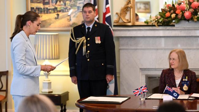 Gaven MP Meaghan Scanlon is sworn in as Housing Minister during a ceremony at Government House in Brisbane on Thursday. Picture: Dan Peled / NCA NewsWire