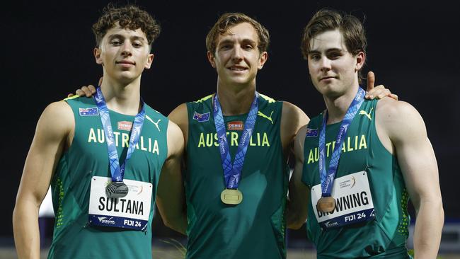 Joshua Azzopardi wins gold from Sebastian Sultana and Rohan Browning in the mens 100 metre final. Picture: Michael Klein