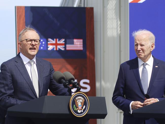 Anthony Albanese and Joe Biden during the AUKUS announcement in San Diego in March. Picture: Sandy Huffaker