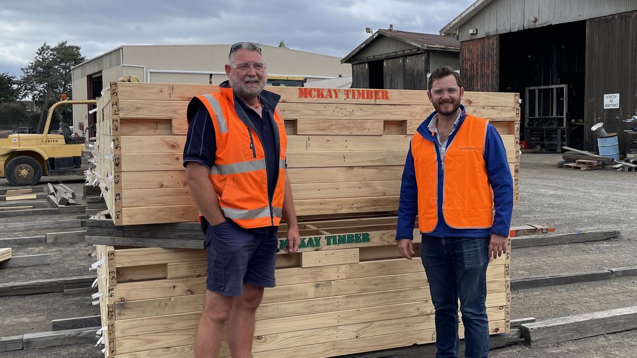 Resources minister Felix Ellis chats with Brett McKay at McKay sawmill in Glenorchy. The Liberals have promised to give sawmillers more wood by â€œunlockingâ€ more forests. Picture: Blair Richards