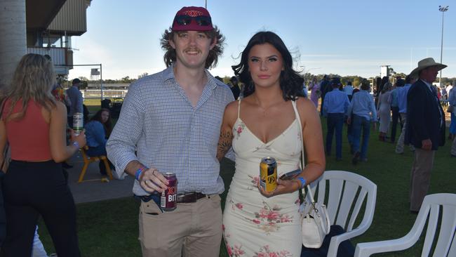 Elee and Julian at the Roma Rugby Races at Bassett Park on Saturday June 24, 2023. Picture: Chloe Cufflin.