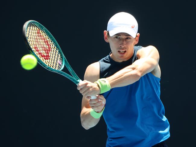 MELBOURNE, JANUARY 17, 2025: 2025 Australian Open Tennis, Day Six. Alex de Minaur practices at the 2025 Australian Open. Picture: Mark Stewart