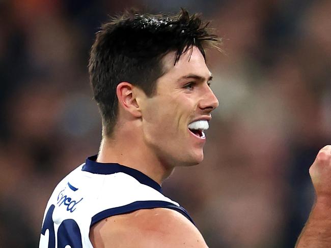 MELBOURNE, AUSTRALIA - APRIL 27: Oliver Henry of the Cats celebrates kicking a goal during the round seven AFL match between Geelong Cats and Carlton Blues at Melbourne Cricket Ground, on April 27, 2024, in Melbourne, Australia. (Photo by Quinn Rooney/Getty Images)