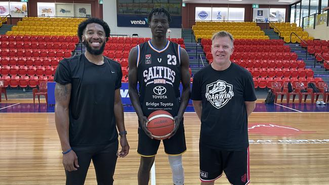 Darwin Salties co-captain Jerron Jamerson and coach Matt Flinn with new recruit Anyang Garang.