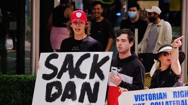 Protesters holding a ‘sack Dan’ sign. Picture: NCA NewsWire / Luis Ascui