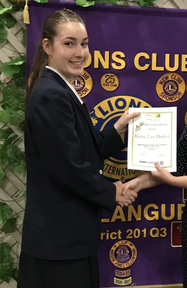 Kiara-Lea Hurley receiving Best Public Speaker award at the Lions Youth of the Year club competition. Picture: Contributed