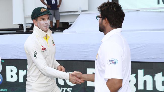 New Australian skipper Tim Paine has introduced a pre-game handshake as one measure to rebuild the nation’s battered reputation as cricket bullies. Picture: Getty