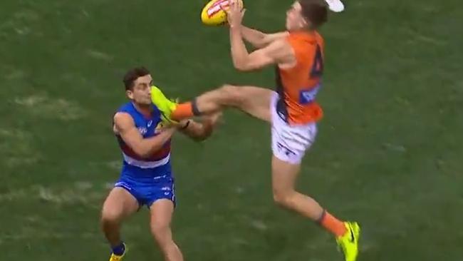 Dahlhaus is collected in the face by Toby Greene’s boot. Picture: Channel 7