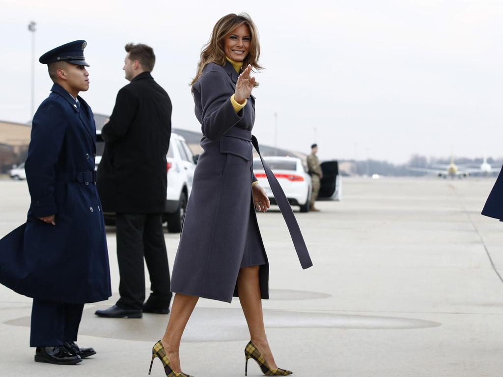 First lady Melania Trump boards an aircraft Monday, March 4, 2019, at Andrews Air Force Base, Maryland, en route to Tulsa, Oklahoma, to begin a two-day, three-state tour. Pic: AP