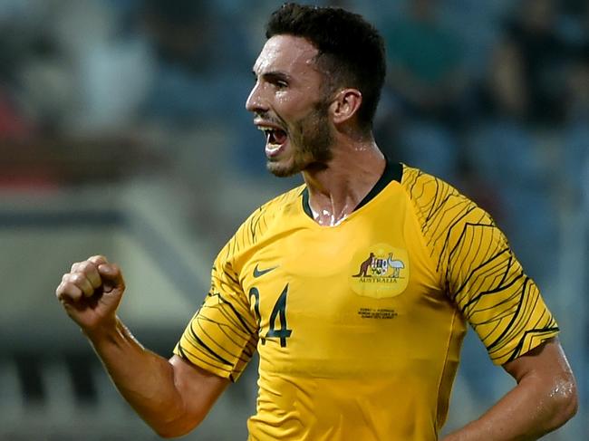 KUWAIT CITY, KUWAIT - OCTOBER 15:  Apostolos Giannou of Australia celebrates scoring the opening goal during the International Friendly match between Kuwait and Australia at Al Kuwait Sports Club Stadium on October 15, 2018 in Kuwait City, Kuwait.  (Photo by Tom Dulat/Getty Images)