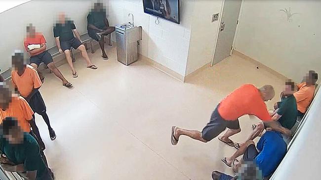 A still from the confronting CCTV vision of the jailhouse bashing.  Picture: NT Supreme Court