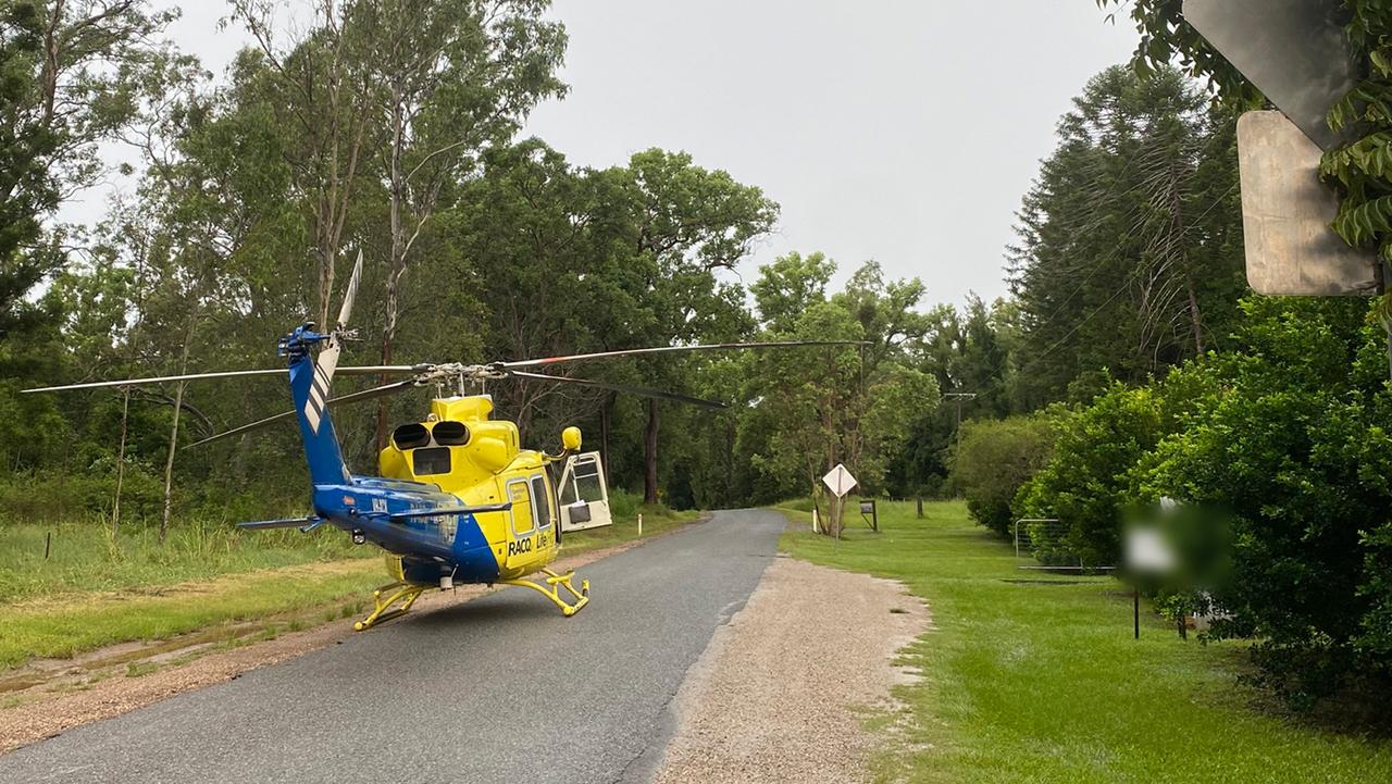 The Sunshine Coast RACQ LifeFlight Rescue crew rescued five people and their dog, after their property became surrounded by floodwaters, in the Gympie region. The chopper landed outside their home.