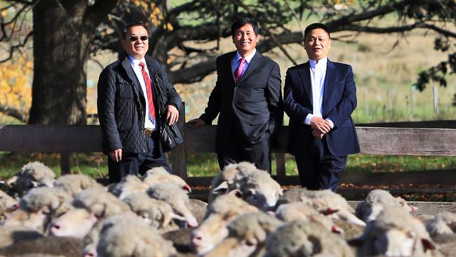 Tianyu Wool founder Qingnan Wen with chairman of CWIA Qianlong Ji and President of Zhejiang Red Sun Wool Textile Company Shaoxiao Yang during a meeting of Australia's biggest wool textile companies at Tianyu Wool-owned Lal Lal Estate near Ballarat. Picture: Aaron Francis