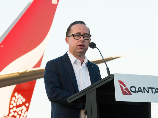 Alan Joyce speaks at the launch of the new Dreamliner. Picture: Emma Murray