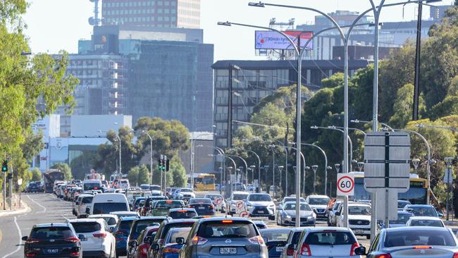 Motorists stuck in peak-hour traffic in Adelaide. Picture: Brenton Edwards