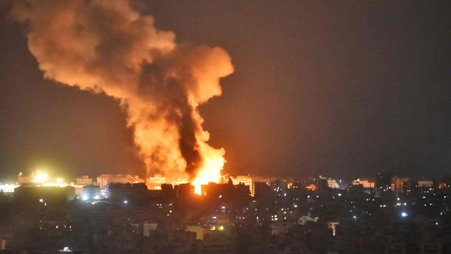 Fire and smoke rise at an area targeted by an Israeli airstrike on Beirut. Picture: Fadel ITANI / AFP