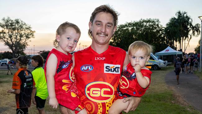 Rory Gardner, Jordan Gardner and Lane Gardner at the Gold Coast Suns v Western Bulldogs 2025 AFL match at TIO Stadium. Picture: Pema Tamang Pakhrin