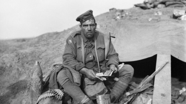 "A Souvenir King!" 2296 Private John "Barney" Hines, A Company, 45th Battalion, with his trophies (souvenirs) obtained on the morning of the advance of the 4th and 13th Brigades at Polygon Wood, in the Ypres Sector, during the Third Battle of Ypres. Taken 27/9/17. Source: Australian War Memorial.