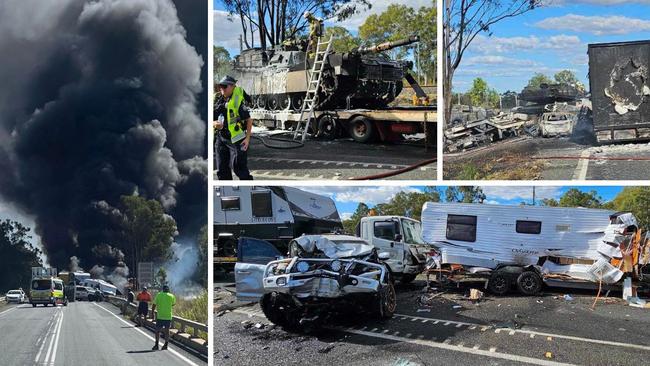 A low loader truck carting a US Abrams tank was involved in a fiery crash on the Bruce Highway at Bajool on July 19, 2023 just prior to the start of Exercise Talisman Sabre 2023. Pictures: Supplied