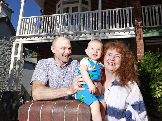 Steven and Fiona Boersma and their grandson Cyrus, aged one, are selling their 1920 home in Randwick after a huge restoration and renovation job. Picture: Tim Hunter