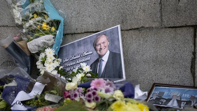 Floral tributes to Sir David Amess MP outside parliament in London. Picture: Rob Pinney/Getty Images