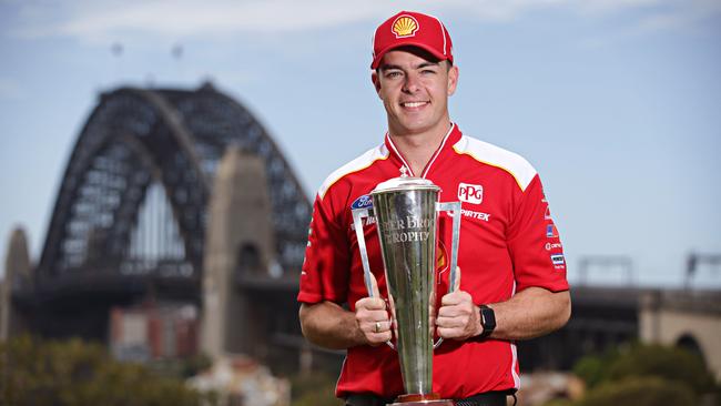 Scott McLaughlin pose with the Peter Brock trophy at Observatory Hill on the 14th of October 2019. Newly crowned Supercheap Auto Bathurst 1000 champions Scott McLaughlin and Alex Premat attend a media call in Sydney. Photographer: Adam Yip