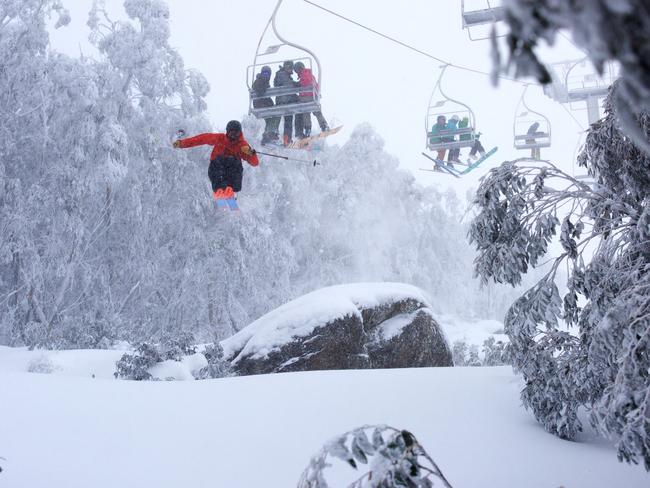 Skier Tom Costa flies into the air at Falls Creek yesterday.