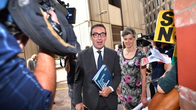 Liberal leader Steven Marshall arrives at the leaders’ environment debate on Tuesday. Picture: AAP / David Mariuz