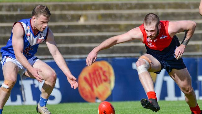 Kenilworth’s Nicholas Chesser and Lockleys’ Benjamin Bryan battle during the 2020 division five grand final Picture: Brenton Edwards