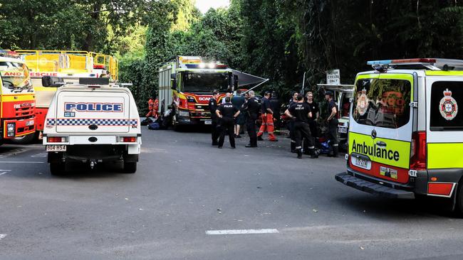 Emergency services personnel stage a complex rescue operation at the Babinda Boulders swimming hole at Babinda Creek, about two hours downstream from where a man fell into Babinda Falls and didn't resurface. Picture: Brendan Radke