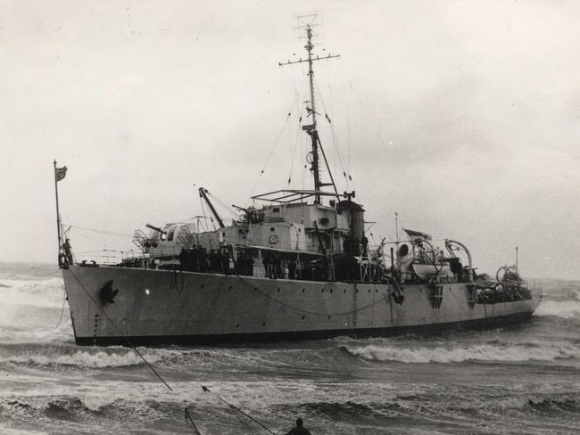 Photos of the damage from storms which lashed Glenelg beach on April 11, 1948.The M Pictures: HMAS Barcoo was driven ashore just north of Glenelg.. Holdfast Bay History Centre.