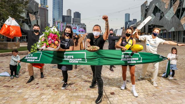 Victorians including chef Khanh Ong, AFLW star Monique Conti, cricketer Wil Parker, James Tabone, Sam Webb, Gorana Dodos, Jack Styles and florist Marissa Stathopoulos are getting behind the Let’s Melbourne Again campaign. Picture: Tim Carrafa