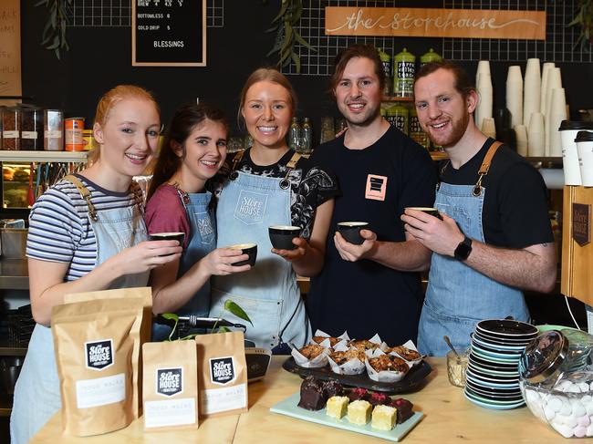 The Storehouse baristas Jessica Dubbeld, Hannah Lucas, Mary Tibballs, Graeme Knoll (owner with partner Jaclyn, who is absent) and Sam Tinsley. Picture: Josie Hayden