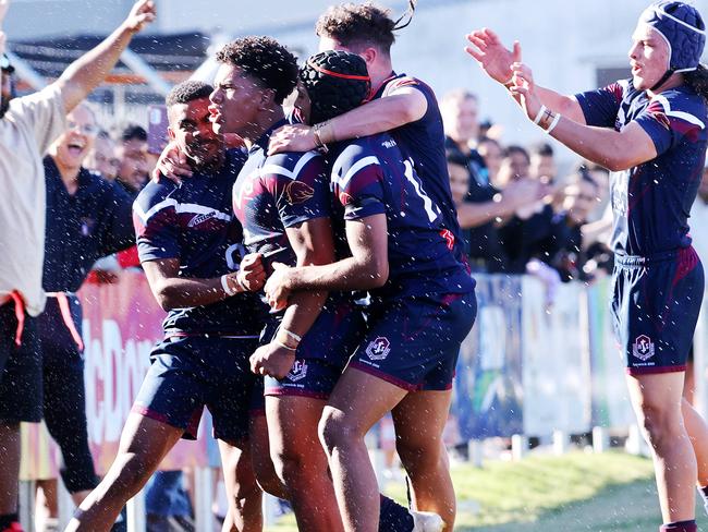 LANGER trophy schoolboy rugby league grand final between Palm Beach Currumbin SHS and Ipswich SHS. Ipswich SHS player Josiah Pahulu celebrates with teammates after a try.Picture: NIGEL HALLETT