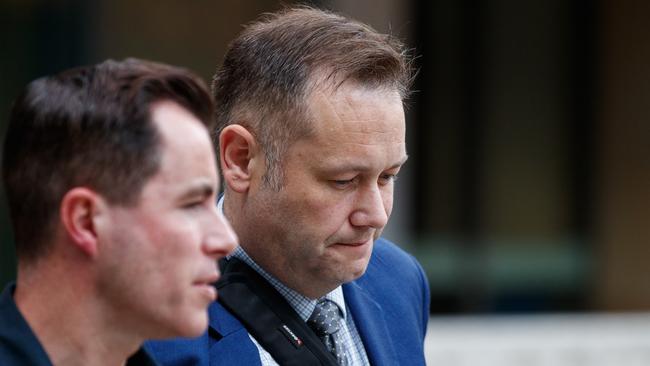 Former mayor of Dubbo Ben Shields (R) and a supporter (L) leave Sydney West Trial Courts in Parramatta, where Shields is facing historical rape charges. Picture: Max Mason-Hubers