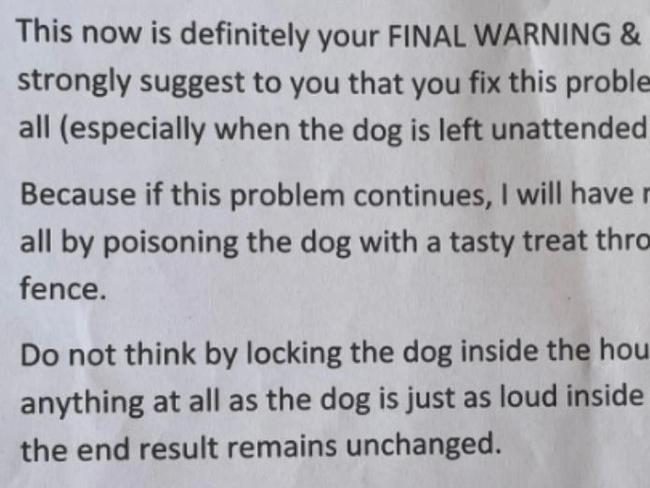 A Bribie Island resident has sent a threatening letter to a neighbour over their dog. Picture: Facebook