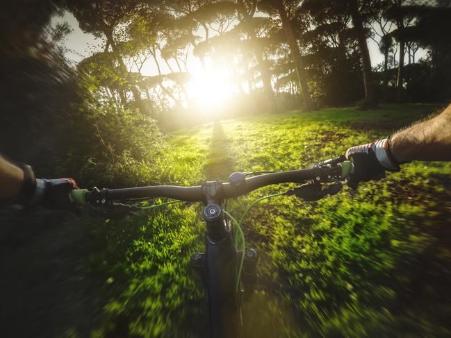 Really fast mountainbike ride in the forest. Action cam on a chesty mount for a POV filming view.