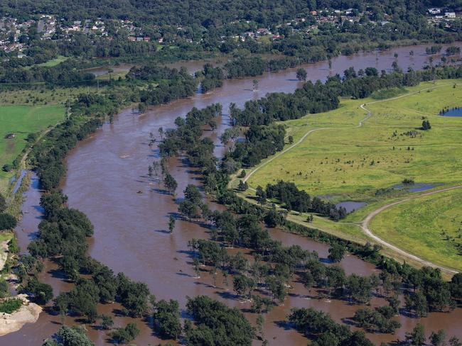 An Aerial view of Penrith along the Nepean River as water levels are at a high due to extreme floods. Picture: NCA NewsWire / Gaye Gerard