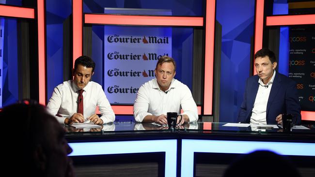 Leader of the LNP Opposition David Crisafulli and Queensland Premier Steven Miles pictured during The Courier-Mail leaders debate on Tuesday. Picture David Clark