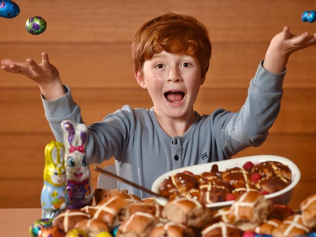 Coles Easter shoot with mum Josette Frost and her son James, 8, at their home in Sandringham, on March 31st., Aussies are staying in this Easter and cooking at home for their immediate family, rather than entertaining friends and family to help keep costs down., Picture : Nicki Connolly