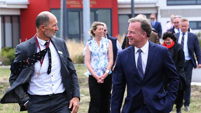 Principal Andy Bennett, left, and Premier Will Hodgman and after a funding announcement at Sorell High School. Picture: CHRIS KIDD