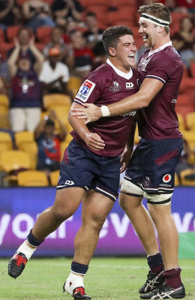 Josh Nasser of the Reds scores a try during the Round 4 Super Rugby 2020. (AAP Image/Glenn Hunt)