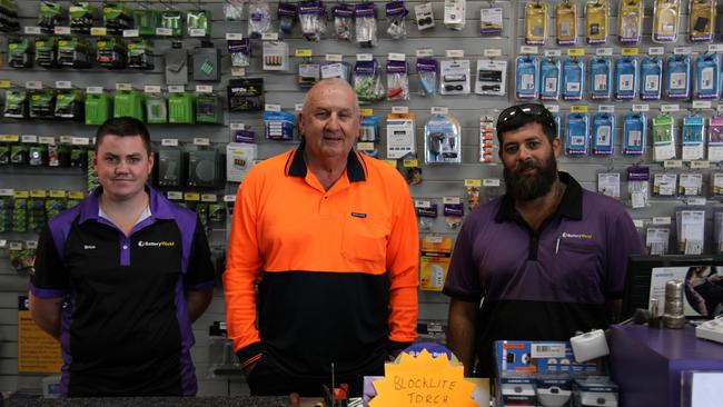 Gladstone Battery World's Brice Hart, owner David “Crock” Thomas and KC Rozycki. Picture: Rodney Stevens