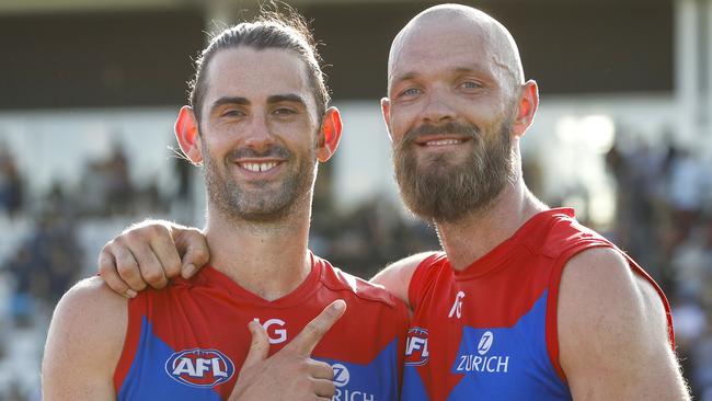 MELBOURNE, AUSTRALIA – FEBRUARY 24: Brodie Grundy and Max Gawn of the Demons pose for a photo during the 2023 AFL match simulation between the St Kilda Saints and the Melbourne Demons at RSEA Park on February 24, 2023 in Melbourne, Australia. (Photo by Dylan Burns/AFL Photos via Getty Images)