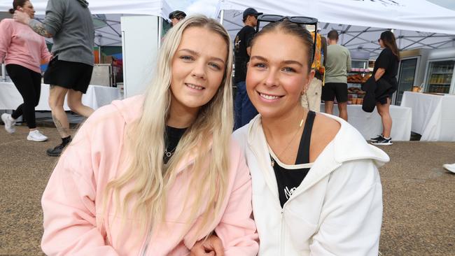 Emily Hogan and Olivia Sheehan at the Surf of Origin at Burleigh Beach. Picture: Annette Dew