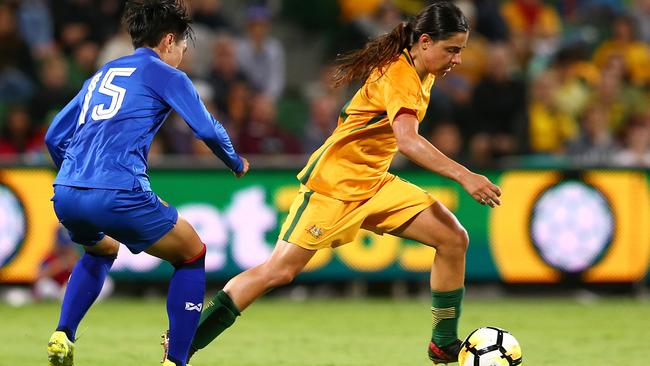 SA’s Alexandra Chidiac controls the ball during the International Friendly Match between the Matildas and Thailand at nib Stadium on Monday. Picture: Paul Kane/Getty Images