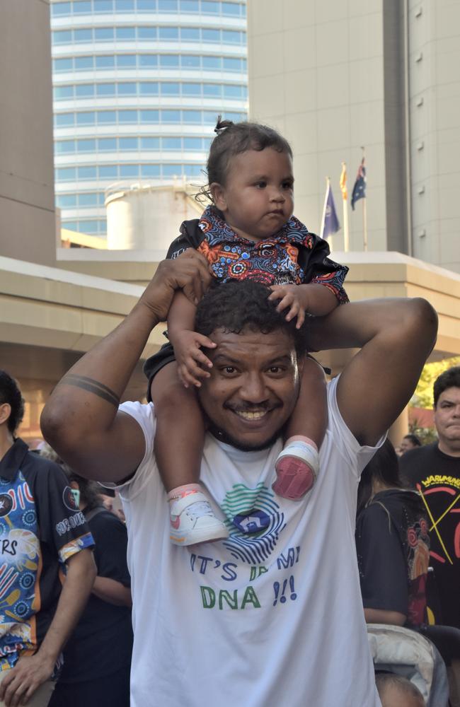 Towahn Nicki and Willow Dau-Nicki were among thousands of Territorians who took part in the 2023 NAIDOC march in Darwin, which saw the highest number of marchers the Territory has seen. Picture: Sierra Haigh