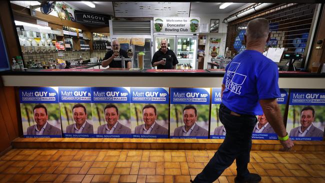 A small crowd of Liberals gathered in the heart of Matthew Guy’s seat of Bulleen on Saturday night. Picture: David Caird