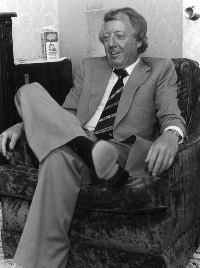 Theatre entrepreneur Robert Stigwood at the Hotel Oberoi Adelaide, North Adelaide for the preview and then premiere of the stage musical 'Evita', 1980.