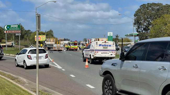 Emergency crews are at the scene of a truck and motorcycle crash on the Bruce Hwy at Monkland, near Gympie, on September 3, 2024. Picture: Scott Kovacevic